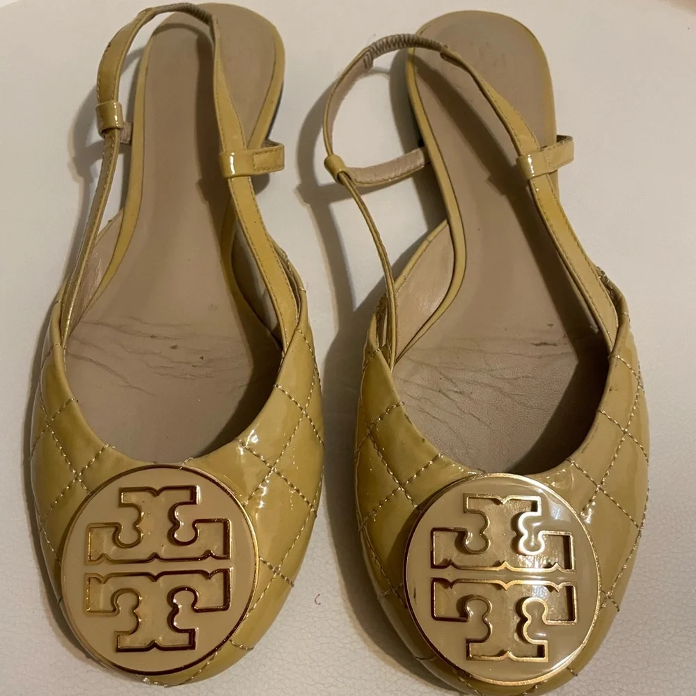 Tory Burch Yellow Quilted Patent Leather Slingback Flats